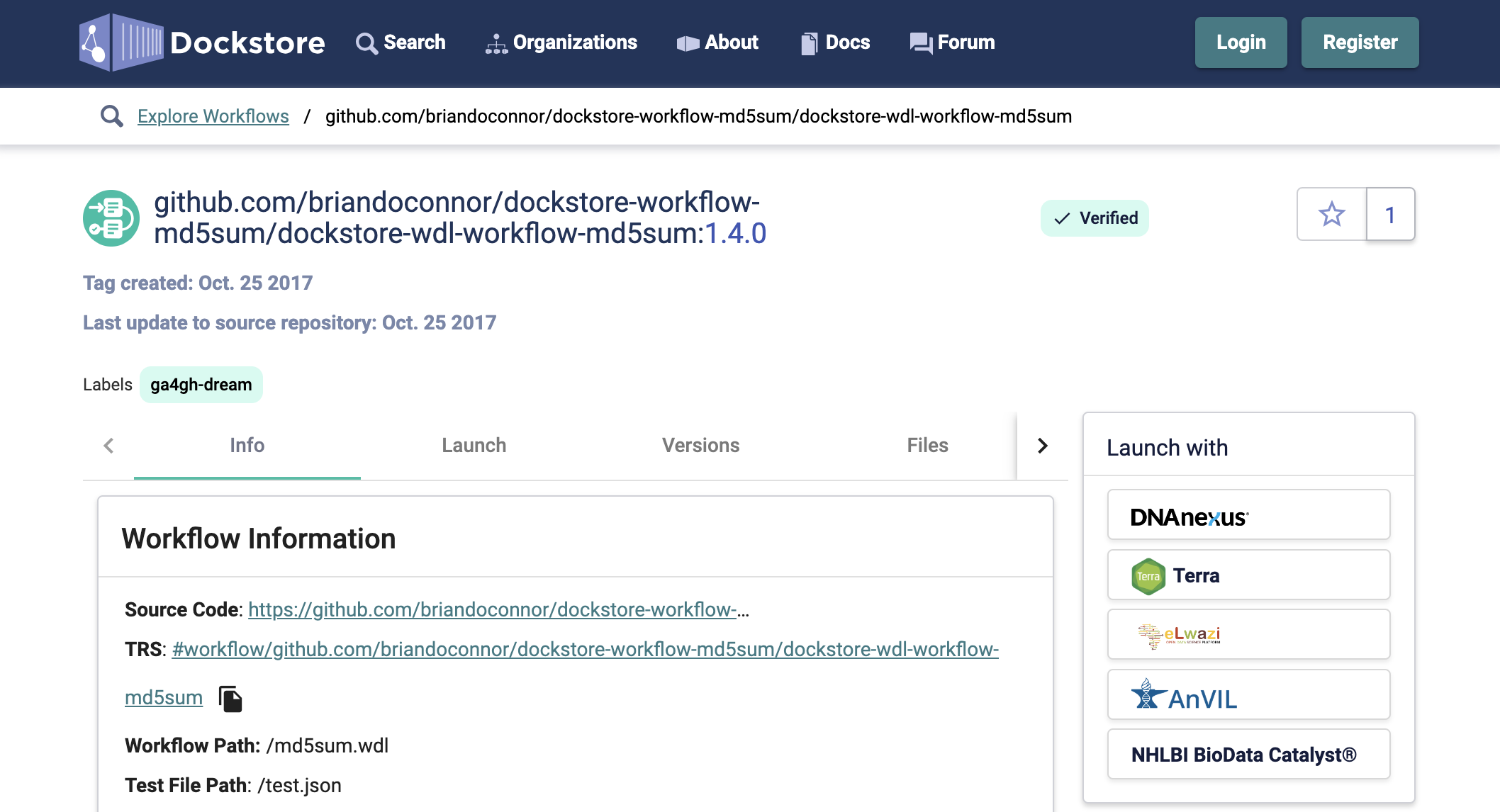 md5sum workflow on Dockstore